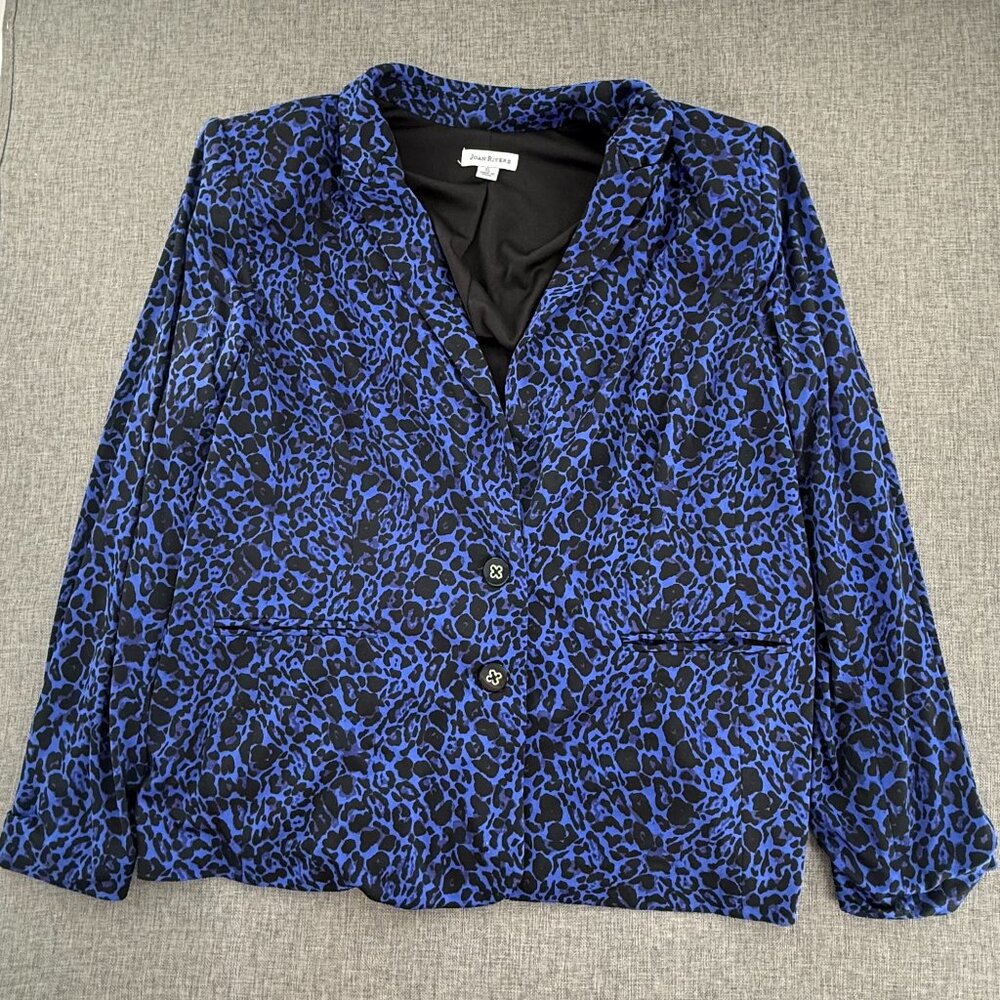 Joan Rivers Leopard‎ Blazer Jacket XL Blue Black Shoulder Pads V-Neck Buttons